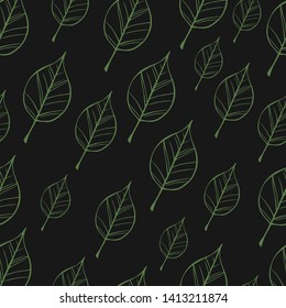 Cute hand drawn color vector seamless pattern. Green leaves isolated on black  background. Unique abstract texture for invitations, cards, websites, wrapping paper, textile. Botany, autumn, nature