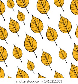 Cute hand drawn color vector seamless pattern. Yellow leaves isolated on white background. Unique abstract texture for invitations, cards, websites, wrapping paper, textile. Botany, autumn, nature