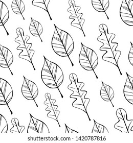 Cute hand drawn color vector seamless pattern. Black and white leaves isolated on background. Unique abstract texture for invitations, cards, websites, wrapping paper, textile. Botany, autumn, nature