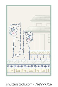 Cute hand drawn color vector illustration of two alpacas with Peruvian hand drawn pattern and Peruvian archetecture in the background