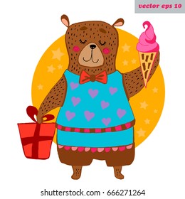 Cute hand drawn colored bear on white background. Congratulating and birthday card, poster, print. Isolated elements - gift box, ice cream, hand lettered text.