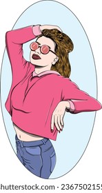 Cute hand drawn Colored Girl Wearing pink Pullover and red Sunglasses isolated vector illustration, Beautiful Woman portrait drawing 