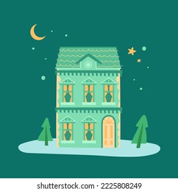 Casa de colores cálidos dibujada a mano sobre un césped con árboles y un cielo nocturno. Ilustración plana