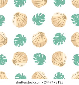 Lindo dibujado a mano de agua salada de color concha de mar y hoja de planta, patrón sin fisuras, almeja, caracola. Concha de mar de vieira, Ilustración vectorial de estilo plano aislado sobre fondo blanco.