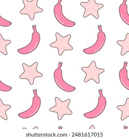 cute hand drawn colorful abstract pink banana and starfish seamless vector pattern background illustration