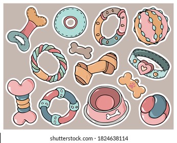 Cute hand drawn colorful accessories, gadgets, veterinary devices, care products and 
ecologically toys for pets. Big sticker set. Doodle outline pet stuff vector illustration for graphic design. 