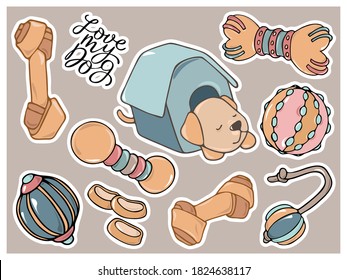 Cute hand drawn colorful accessories, gadgets, veterinary devices, care products and 
ecologically toys for pets. Big sticker set. Doodle outline pet stuff vector illustration for graphic design. 