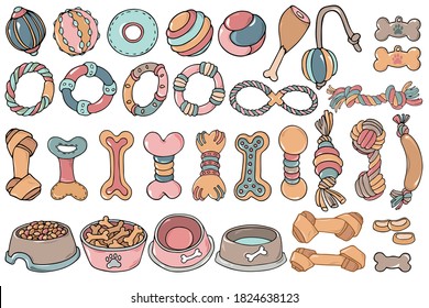 Cute hand drawn colorful accessories, gadgets, veterinary devices, care products and 
ecologically toys for pets. Big sticker set. Doodle outline pet stuff vector illustration for graphic design. 