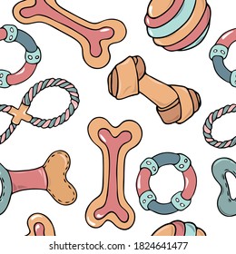 Cute hand drawn colorful accessories, gadgets, veterinary devices, care products and 
ecologically toys for pets seamless pattern. Pet stuff wallpaper vector illustration on white for graphic design.