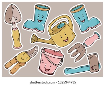 Cute hand drawn colorful accessories, gadgets, agricultural devices, instruments and tools for farming and gardening. Big sticker set. Doodle outline farm stuff vector illustration for graphic design.