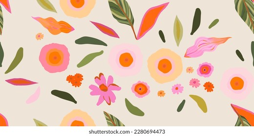 Cute hand drawn colorful artistic flowers print. Modern botanical pattern. Fashionable template for design. Cartoon style.