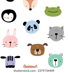 cute hand drawn colorful baby animals with kitten, fox, penguin, dog, hare, frog, zebra, panda bear, kids scandinavian seamless pattern for textile