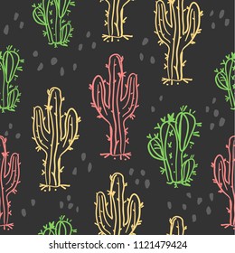 Cute hand drawn colorful cactuses and succulents seamless pattern. Baby textile background. Kids clothing pattern