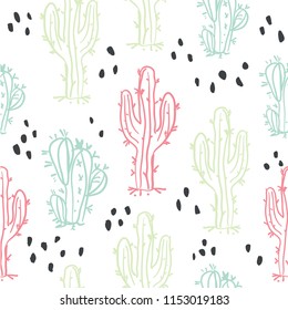 Cute hand drawn colorful cactuses and succulents seamless pattern. Baby textile background. Kids clothing pattern