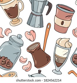 Cute hand drawn colorful cafe, restaurant, bakery, coffee shop accessories seamless pattern. Cartoon childish happy doodle art vector illustration on a white background. Sweet cafe wallpaper.