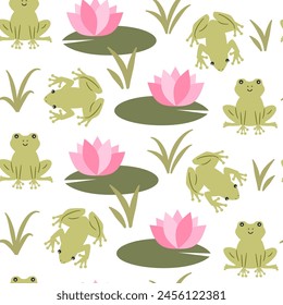 Cute hand drawn colorful cartoon character seamless vector pattern background illustration with green frogs, pink water lilies flowers and leaves