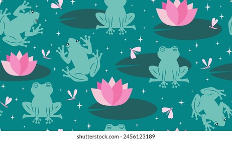 Cute hand drawn colorful cartoon seamless vector pattern background illustration with green frogs, pink water lilies flowers and leaves, dragonflies and stars