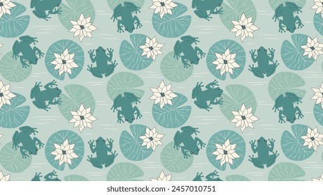 Cute hand drawn colorful cartoon seamless vector pattern background illustration with green frogs, white water lilies flowers and leaves