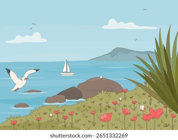 cute hand drawn colorful cartoon summer sea landscape vector illustration with seagull, red poppy flowers, bees, green plants, rocks, boats and hills 