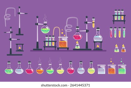 Cute hand drawn colorful Chemistry Laboratory and isolated items, perfect for sticker designs, prints and crafting projects. A total of 24 items. Vector illustration.