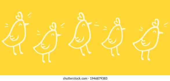 Cute hand drawn colorful cute chickens pattern. Cartoon birds. Horizontal banner with farm birds. Easter wallpaper, backdrop. Doodle vector illustration on yellow.