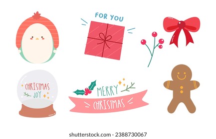 Cute Hand Drawn Colorful Christmas Doodles,  Set of Christmas Elements Collection in Doodle Style