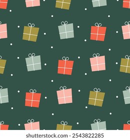 cute hand drawn colorful christmas gift box and snowflakes seamless vector pattern illustration on green background