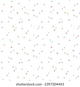 Cute hand drawn colorful confetti seamless vector pattern. Abstract polka dots theme illustration. Simple background for wrapping paper, textile, print, apparel, fabric, wallpaper, gift, packaging.