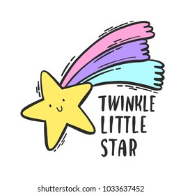 Cute hand drawn colorful doodle isolated vector illustration of Twinkle Little Star with lettering quote