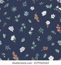 Cute hand drawn colorful flowers in a seamless pattern, with a cute floral design that is great for textiles, wallpaper and packaging. Various small flowers in Liberty pattern on a dark background