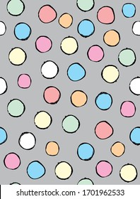 Cute Hand Drawn Colorful Irregular Dots Vector Pattern. Pink, Blue, Yellow, Grenn and Blue Circles with Black Outline Isolated on a Light Gray Background. Funny Infantile Style Dotted Design.