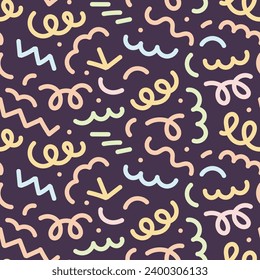 Cute hand drawn colorful line doodle seamless pattern. Creative minimalist style art background for kids or trendy design with basic shapes. Simple childish scribble swirls