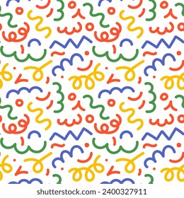 Cute hand drawn colorful line doodle squiggle seamless pattern. Creative minimalist style art background for kids or trendy design with basic shapes. Simple childish scribble swirls