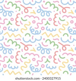 Cute hand drawn colorful line doodle squiggle seamless pattern. Creative minimalist style art background for kids or trendy design with basic shapes. Simple childish scribble swirls