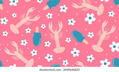 Cute hand drawn colorful lobster, white daisy flowers and blue ice cream on pink background seamless vector pattern illustration