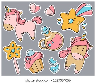 Cute hand drawn colorful magic childish accessories, cartoon unicorn, shooting star, sweets, hearts sticker set. Doodle outline farm stuff vector illustration.