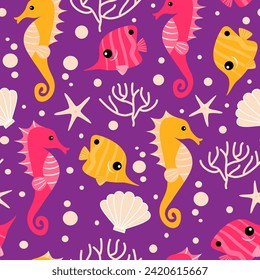 cute hand drawn colorful sea life seamless vector pattern background illustration