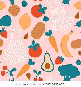 cute hand drawn colorful seamless vector pattern illustration with fresh fruits, vegetables and shopping bag on pink background