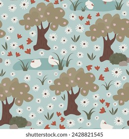 cute hand drawn colorful seamless vector pattern illustration with ducks, daisy flowers, trees and grass on pastel blue background