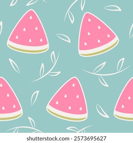 cute hand drawn colorful seamless vector pattern illustration with watermelon slice and white leaves on light blue background