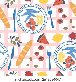 cute hand drawn colorful seamless vector pattern illustration with plates with sardine, tomatoes, lemon, bread, olives, watermelon slice, wine on pink striped background