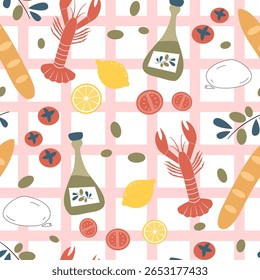 cute hand drawn colorful seamless vector pattern illustration with lobster, tomatoes, lemon, bread, olives, oil, mozzarella on pink striped background