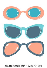 Cute hand drawn colorful sunglasses set in a doodle style. Summer fashion accessory vector illustration isolated on a white background.  