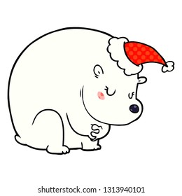 cute hand drawn comic book style illustration of a polar bear wearing santa hat