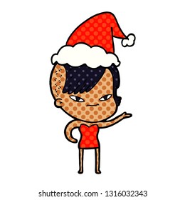 linda historieta dibujada a mano estilo libro de historietas ilustración de una chica con un peinado hipster usando sombrero santa