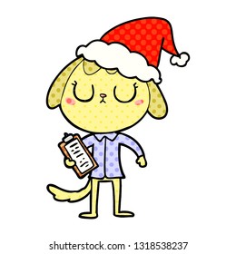 cute hand drawn comic book style illustration of a dog wearing office shirt wearing santa hat