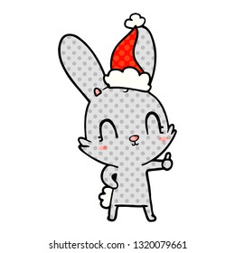 cute hand drawn comic book style illustration of a rabbit wearing santa hat