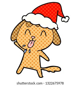 cute hand drawn comic book style illustration of a dog wearing santa hat