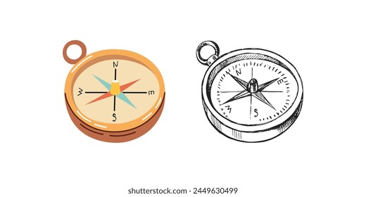 Cute hand drawn compass. Flat and outline black vector illustration isolated on white background. Doodle drawing.