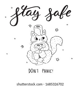 Cute hand drawn composition with simple tips how to stay safe while covid 19 quarantine. Sweet frightened cat character with toilet paper with elegant «Stay safe» lettering on white background.